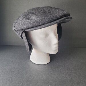 Wigens Charcoal Gray Wool Flat Cap with Tuckaway Ear Flaps Size 59, 7 3/8